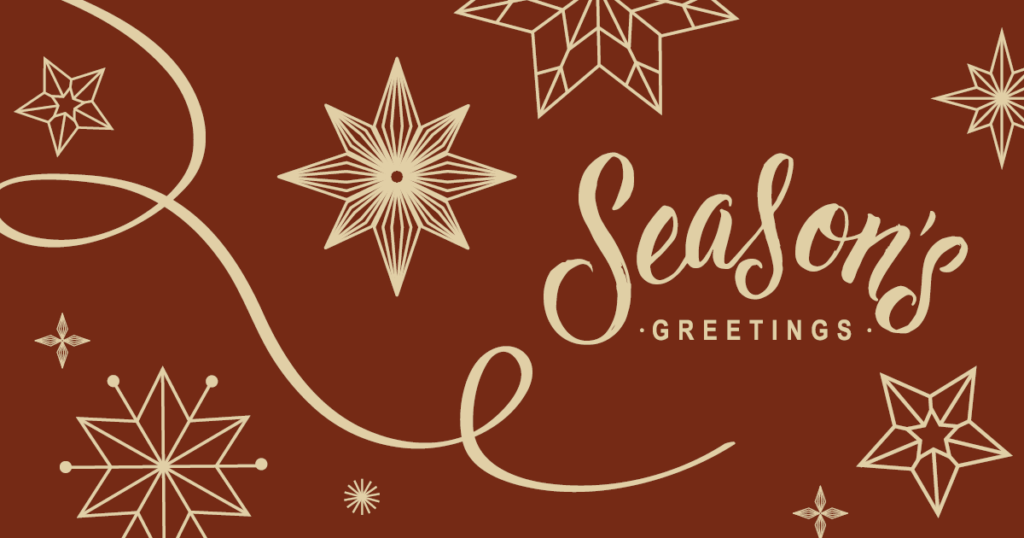 Seasons Greetings Winter graphic with stars and ribbon